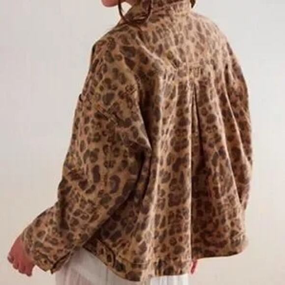 Free People Leopard Print Oversized Opal Swing Denim Jacket Brown Small - Picture 2 of 5